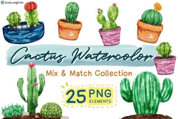 Cactus Watercolor Mix Match Collection for Creative Projects