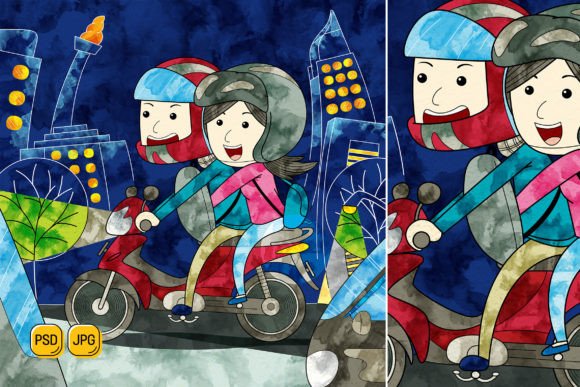 Freedom in Design: The Adaptable Couple Riding Motorcycle Illustration