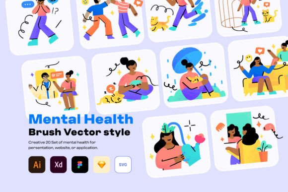 Mental Health Brush Vector Illustrations